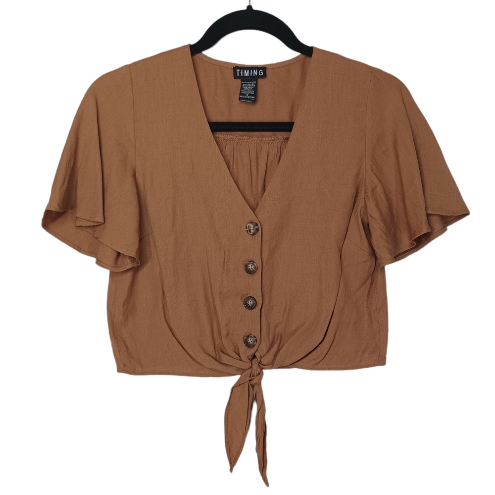 TIMING Brown Button Front Tie Short Sleeve Semi Crop Top Small